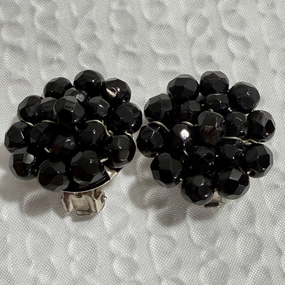 Western Germany Vintage Clip On Earrings Round Black Cluster Beaded Jewelry